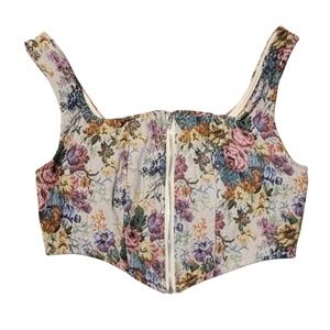 Floral Jacquard Tapestry Corset Top Square Neck Zip Front Sleeveless Women's M